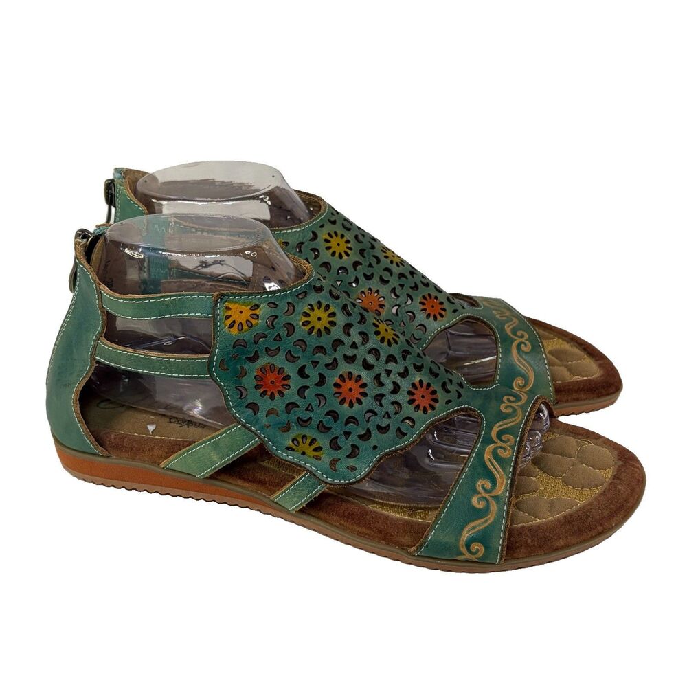 Corkys Turquoise Leather Cut Out Bohemian Sandals Heel Zip Women’s size 41 US 8